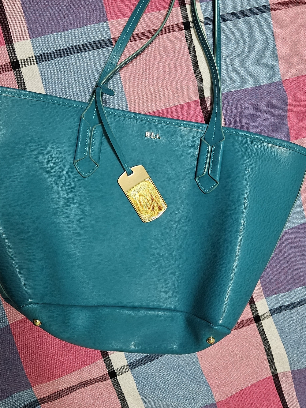 Ralph Lauren Teal Leather Tote with Gold Tag